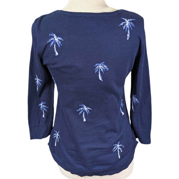 Chico's Pullover‎ Sweater Size 0 Womens Small 4 Blue Palm Tree Design 3/4 Sleeve - Picture 4 of 11